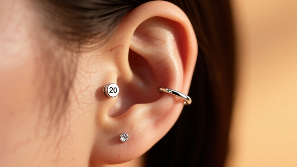 Profile of an ear wearing a 20-gauge sterling silver cartilage stud and delicate lobe hoop against a blurred warm-toned background.