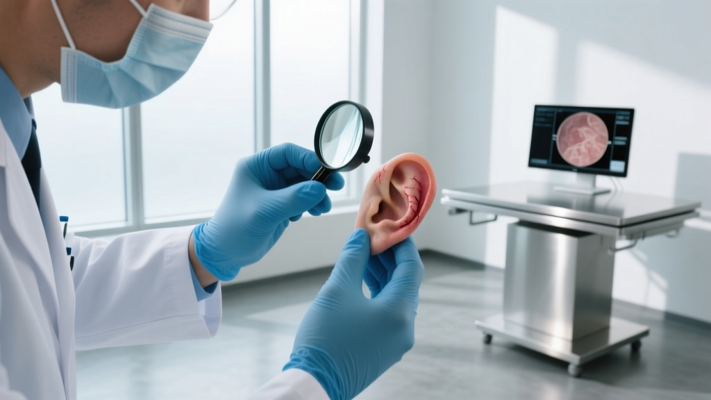 Dermatologist examining a healing earlobe with a magnifying loupe, wearing blue medical gloves in a bright, modern clinical office