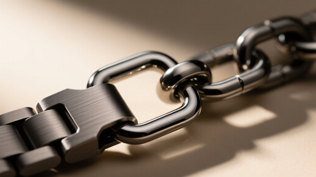 Close-up of a brushed titanium clasp and a polished tungsten link, revealing distinct surface textures and dark grey metal hues.
