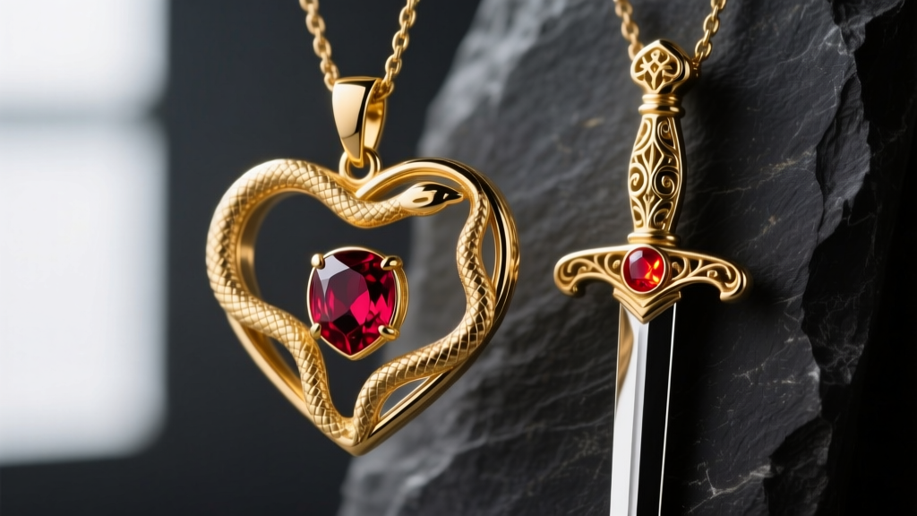 Macro shot of an 18k gold vermeil heart and sword pendant, showing the ornate hilt and ruby inlay against a dark slate background.