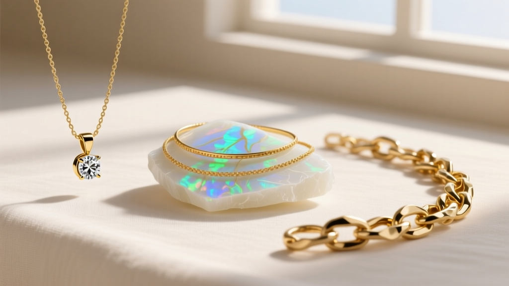 Flat lay of three layered gold necklaces featuring a raw white opal slice, a small solitaire pendant, and a textured chain