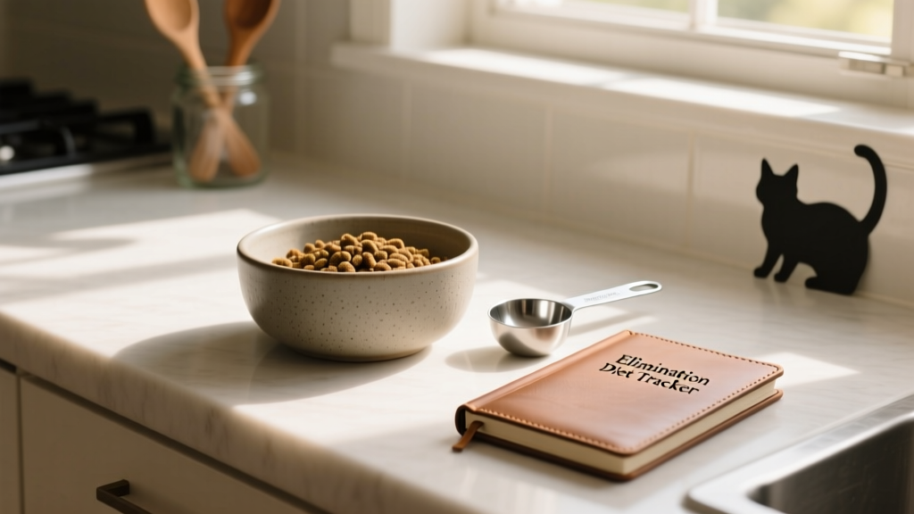 A clean kitchen counter with a bowl of hypoallergenic cat food, a measuring scoop, and a simple logbook titled 'Elimination Diet Tracker'