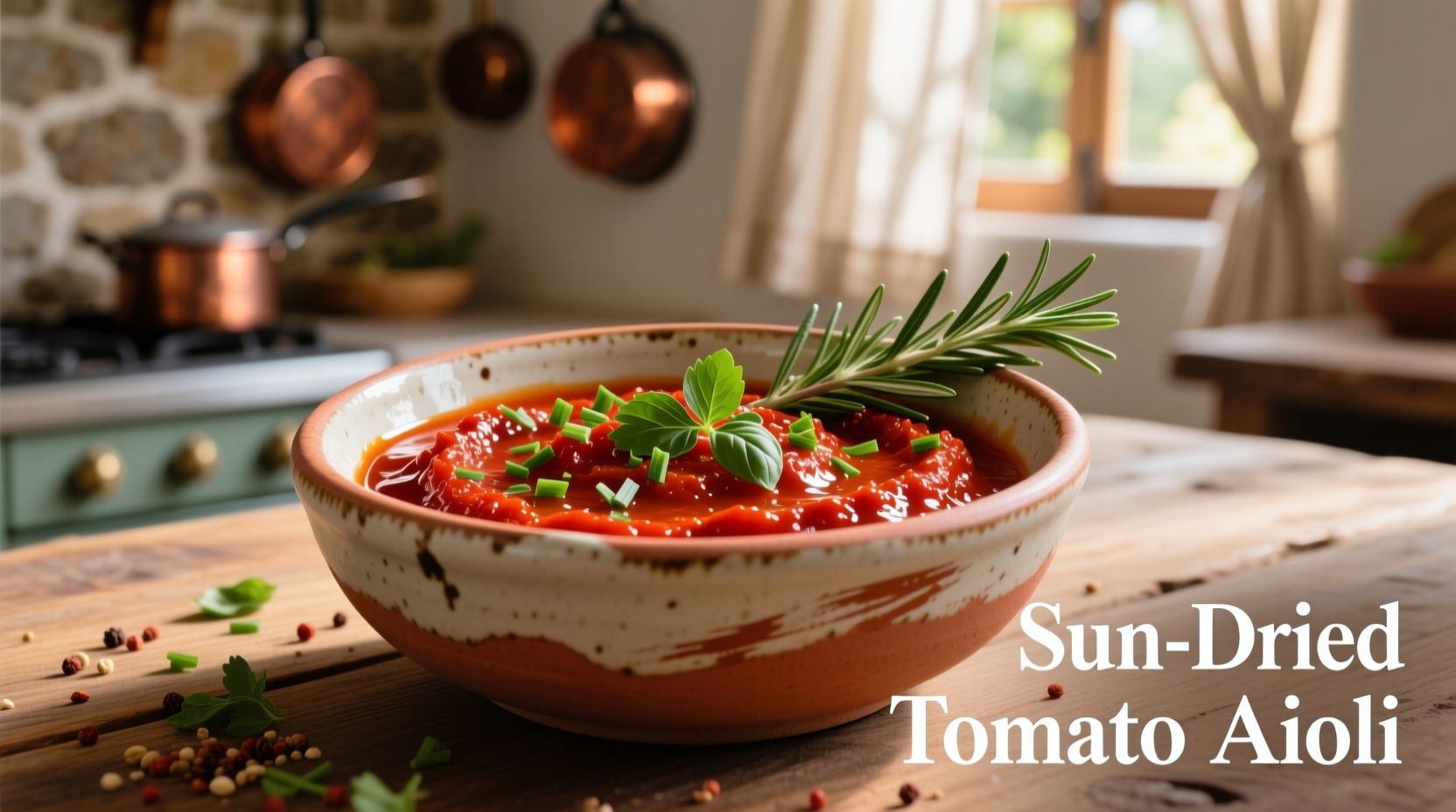 Sun dried tomato aioli in a ceramic bowl with fresh herbs