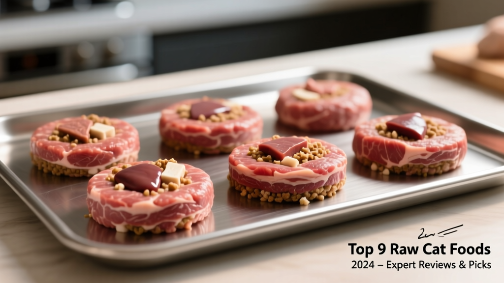 A close-up of fresh, minimally processed raw cat food patties arranged neatly on a stainless-steel tray, with visible muscle meat, organ bits, and ground bone