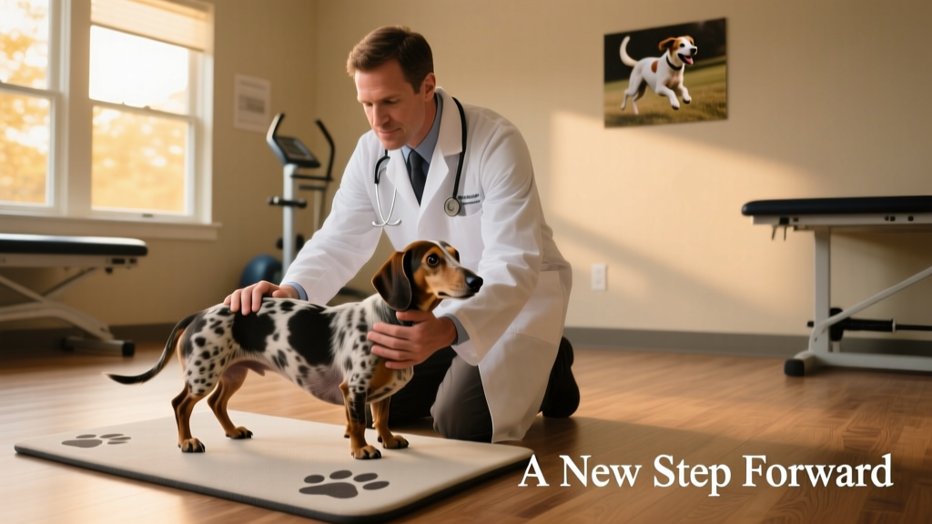 Dr. Timberlake gently supporting Franklin’s hind end during early standing exercises in a quiet rehab room
