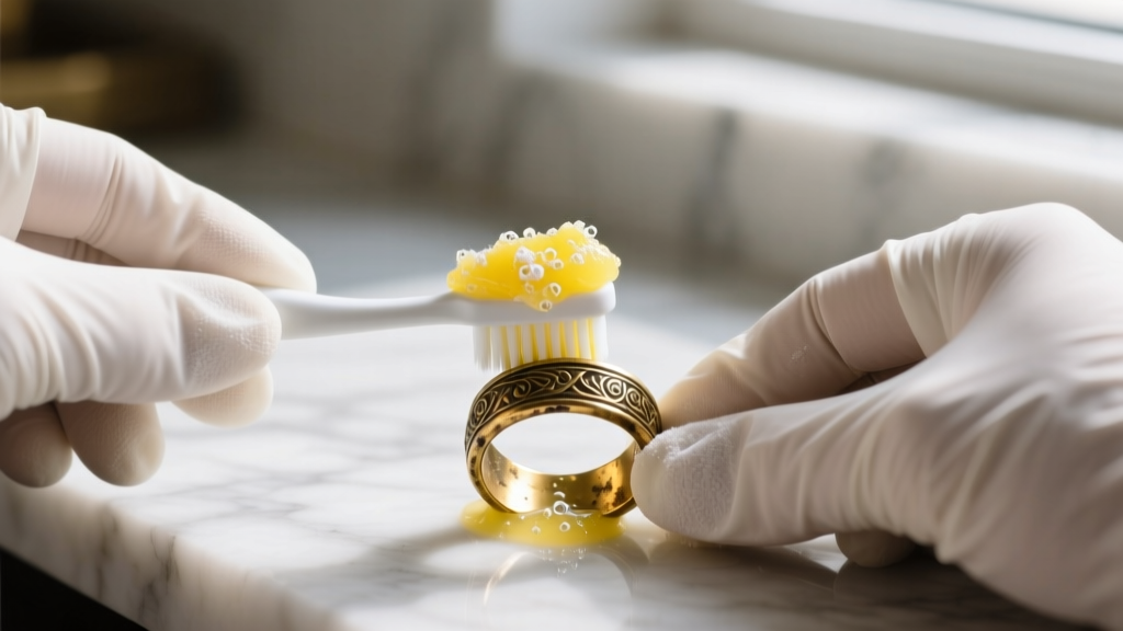 Hands in nitrile gloves gently scrubbing a tarnished brass ring with a soft toothbrush using a lemon juice and baking soda paste.