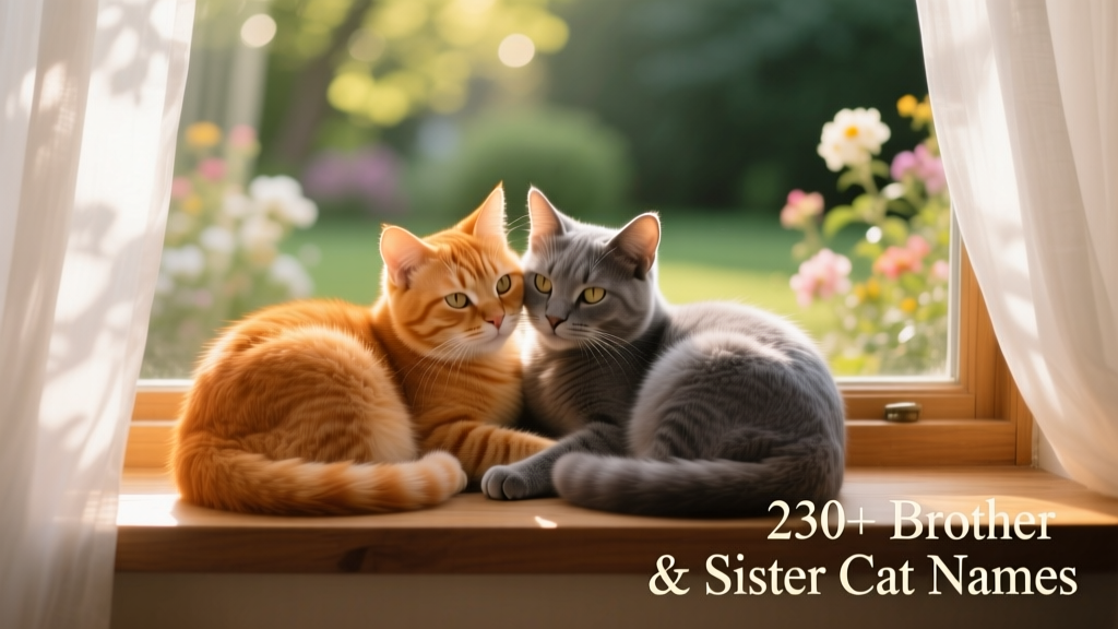 Two sibling cats curled up together on a sunlit windowsill, one ginger and one gray, looking peacefully at each other