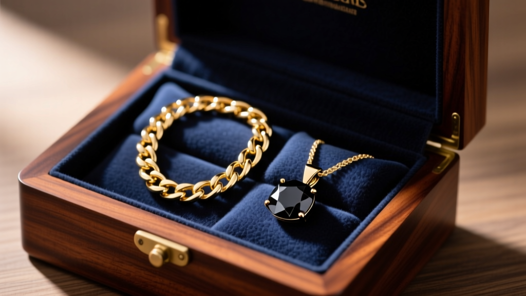 Mahogany box showing a gold Cuban chain and black diamond pendant tucked into a separate dark anti-tarnish flannel jewelry pouch.
