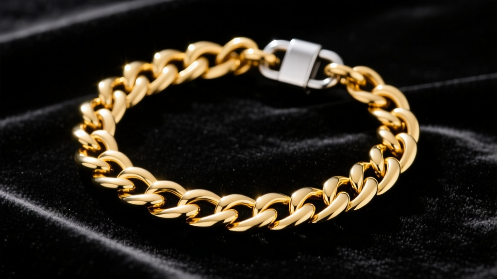 Thick gold Cuban link chain with a steel magnetic clasp, shown from an angled top-down view resting on a dark velvet backdrop.