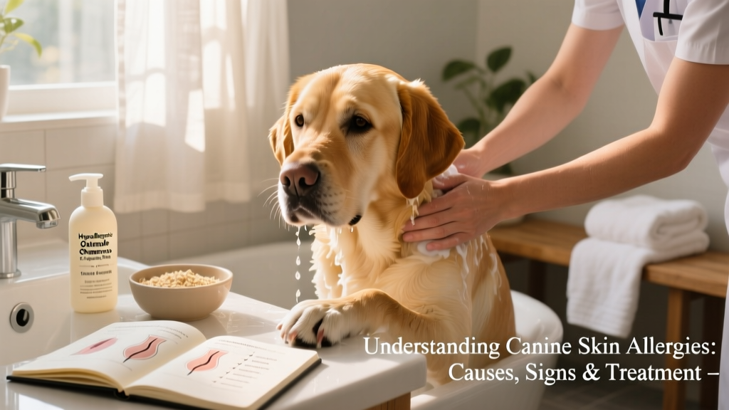 Dog being gently bathed with a soothing oatmeal-based shampoo in a home setting