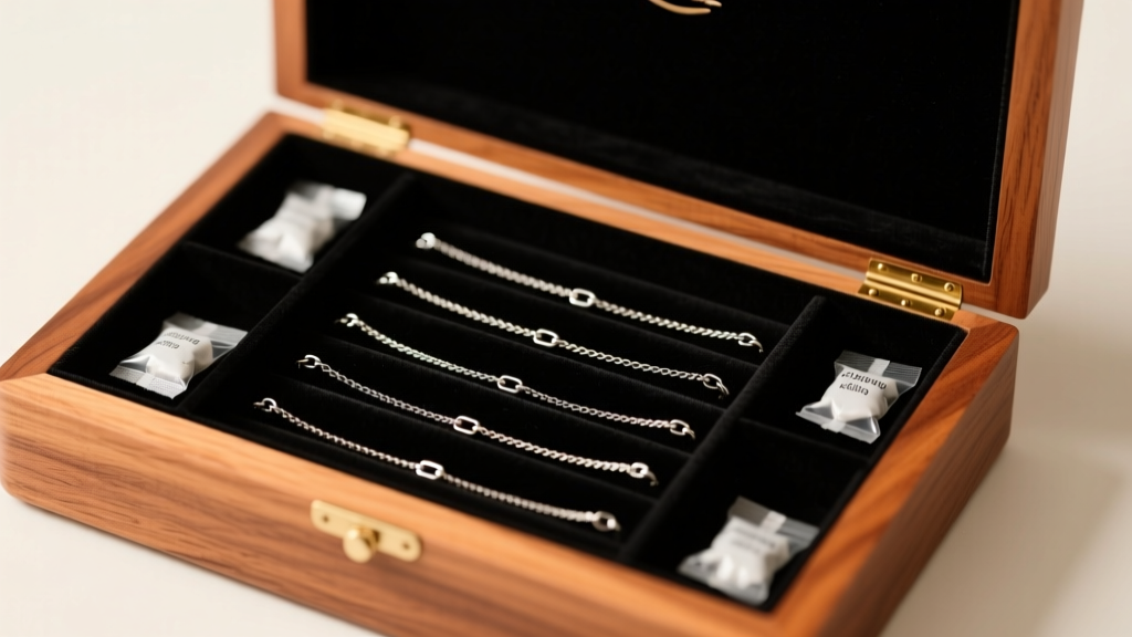 Open cedar wood jewelry box lined with black anti-tarnish velvet, holding organized silver chains and small silica gel packets