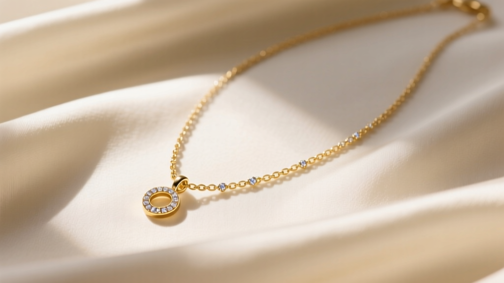 Gold vermeil tennis necklace and initial pendant on cream silk, soft light highlighting sparkling facets and a warm gold finish.