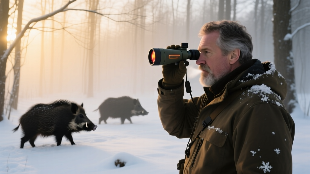 Hunter scanning a dense snowy forest at dawn using a high-resolution handheld thermal monocular to track feral hogs