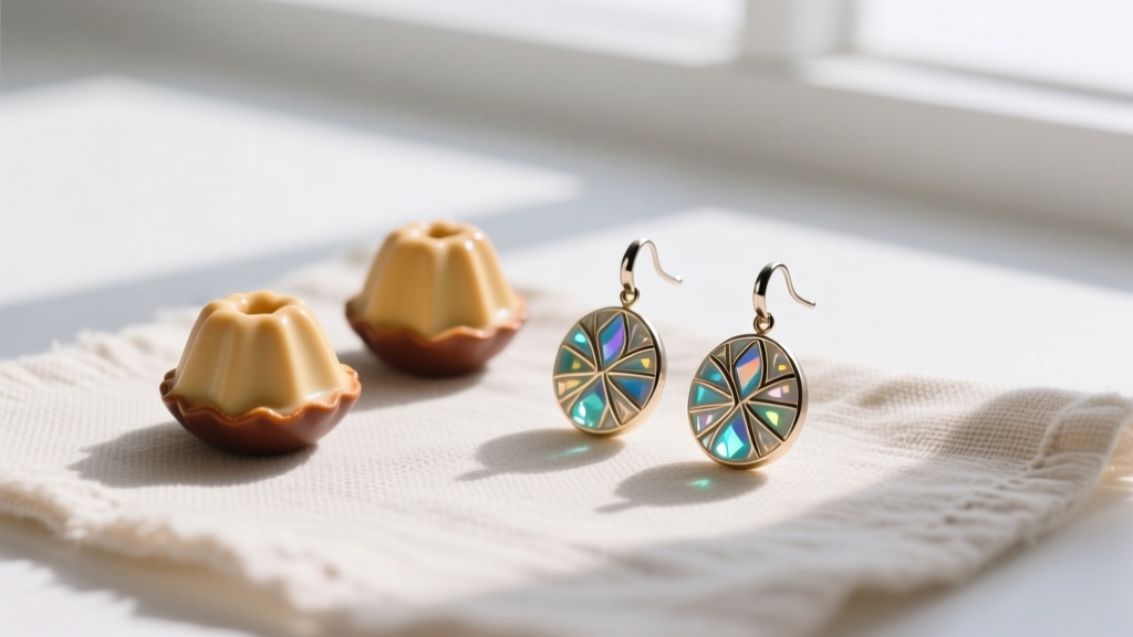 Flat lay of polymer clay and cast metal ensaymada earrings, showing UV resin glaze and titanium posts on a neutral linen cloth.