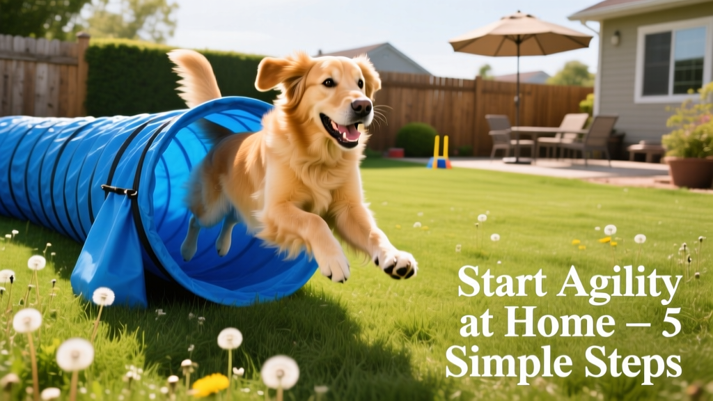 A dog emerging happily from a bright blue collapsible agility tunnel in a sunny backyard