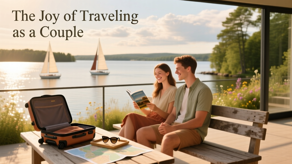 A traveling couple sitting by a large lake in the summer