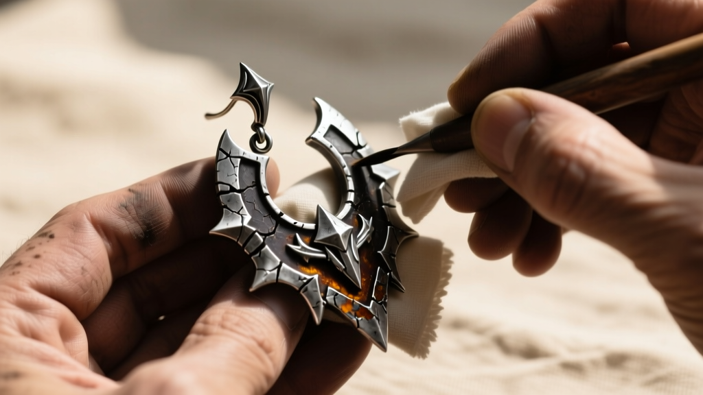 Jeweler applying liver of sulfur patina to a silver FFXI brutal earring, highlighting a dark, battle-worn fantasy metal aesthetic.