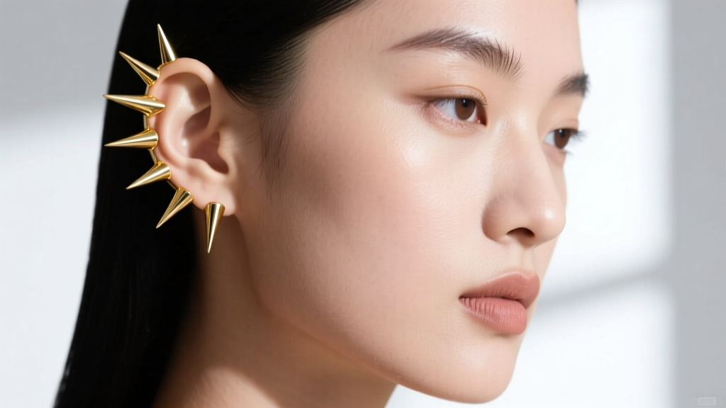 Profile of a model wearing a 14k gold spiky ear cuff on upper cartilage, contrasting soft skin with sharp polished metal points.