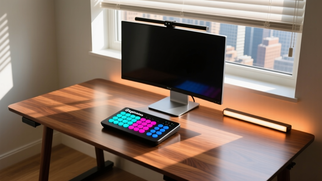 Overhead view of walnut standing desk with Elgato Stream Deck Plus, glowing Philips Hue monitor light strip, and smart blinds