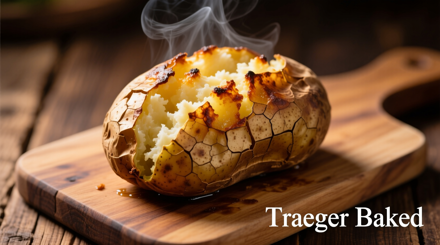 Perfectly cooked Traeger baked potato with crispy skin