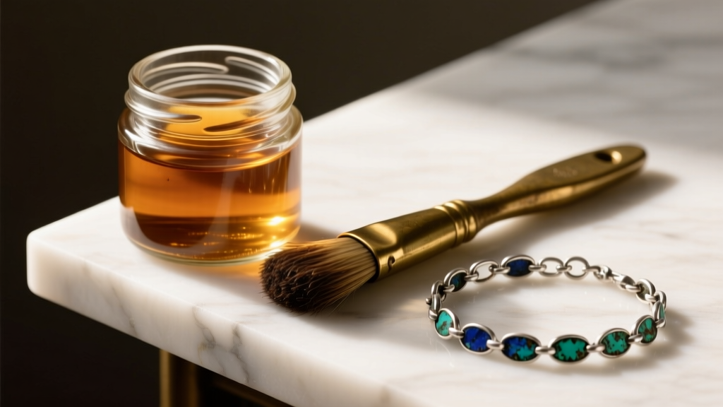 Glass jar of liver of sulfur gel next to a brass brush and oxidized silver chain bracelet under warm studio lighting.