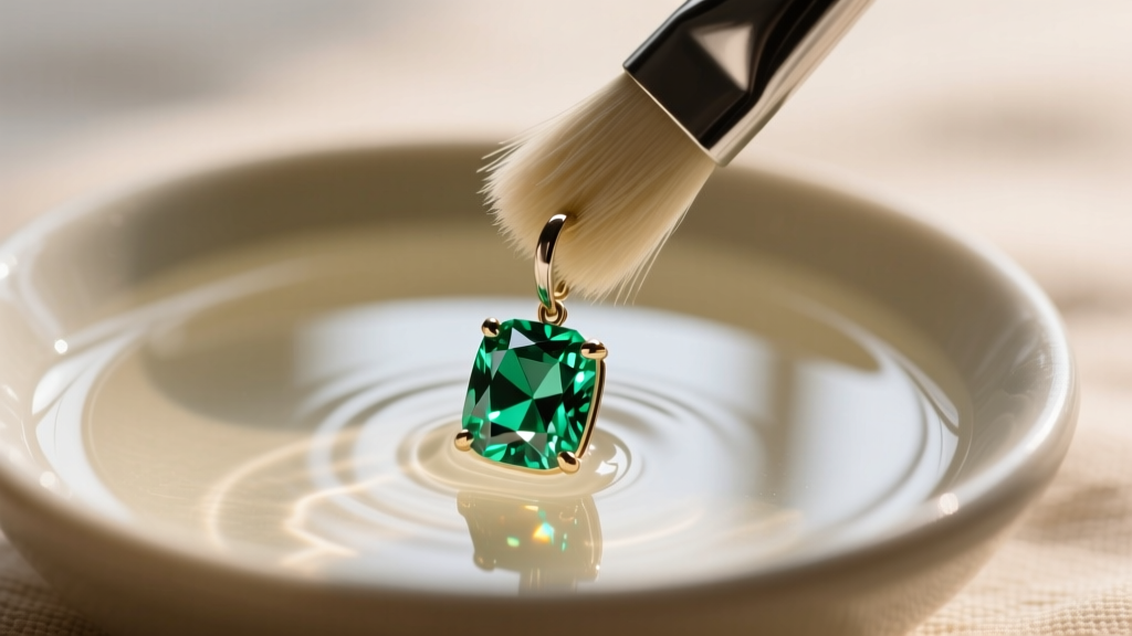 Soft-bristled brush gently cleaning the pavilion of an emerald cut diamond dangle earring submerged in a bowl of warm soapy water