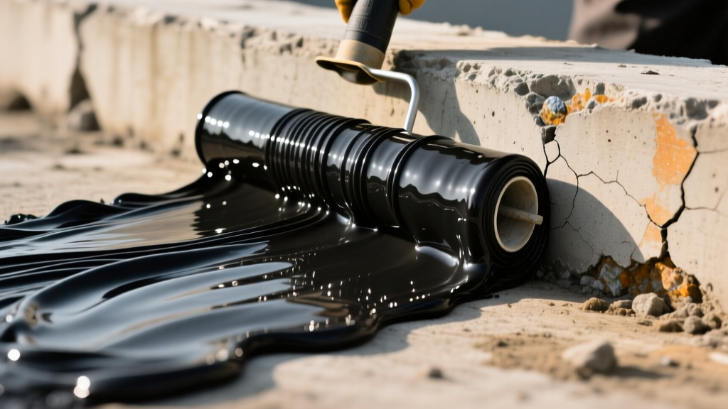 Close-up of a thick black elastomeric liquid rubber waterproofing coating being rolled onto a textured concrete foundation wall.