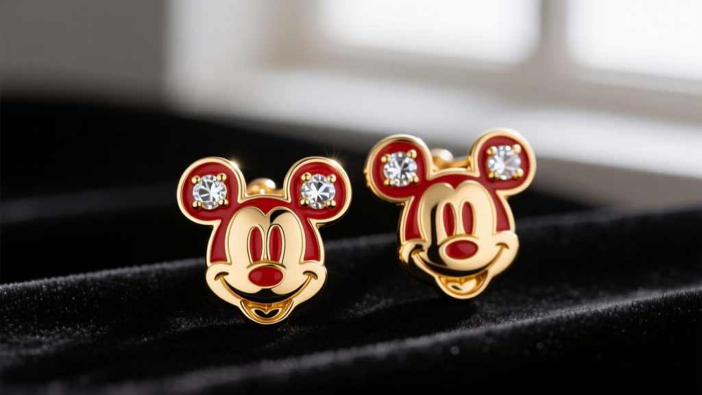 Close-up of gold-plated Mickey silhouette Christmas earrings with red cold enamel and bright rhinestones resting on dark velvet.