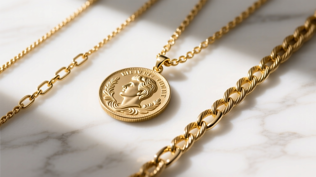 Flat-lay of three gold chain styles, including rope and Figaro, beside a heavy sculpted bas relief coin pendant on white marble.