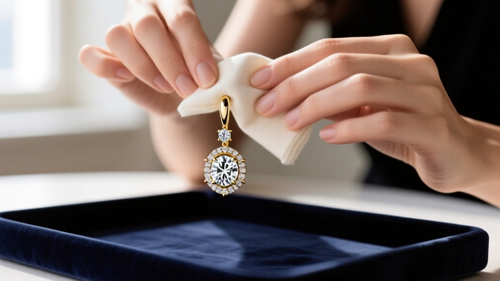 Close-up of a woman gently wiping an 18k white gold dangle diamond earring with a microfiber cloth over a dark velvet tray