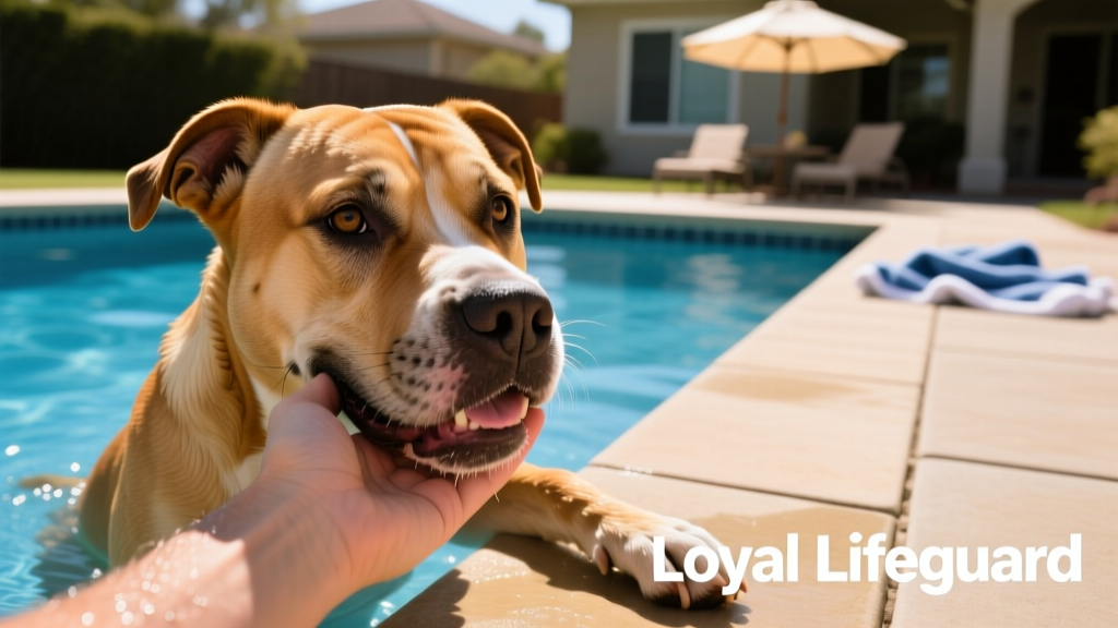 Close-up of a pit bull’s gentle grip on a human hand during pool play