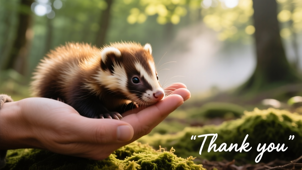 A gentle close-up of a baby skunk nuzzling into a rescuer's hand, soft fur visible, calm forest background