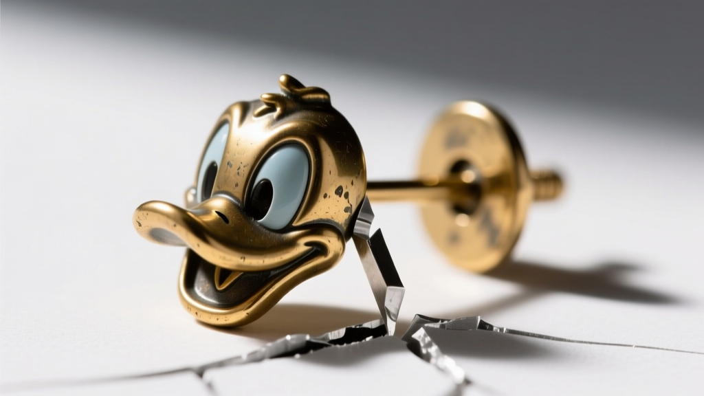 Close-up of a broken 20-gauge earring post sheared off from a heavy brass Donald duck novelty earring due to weight leverage