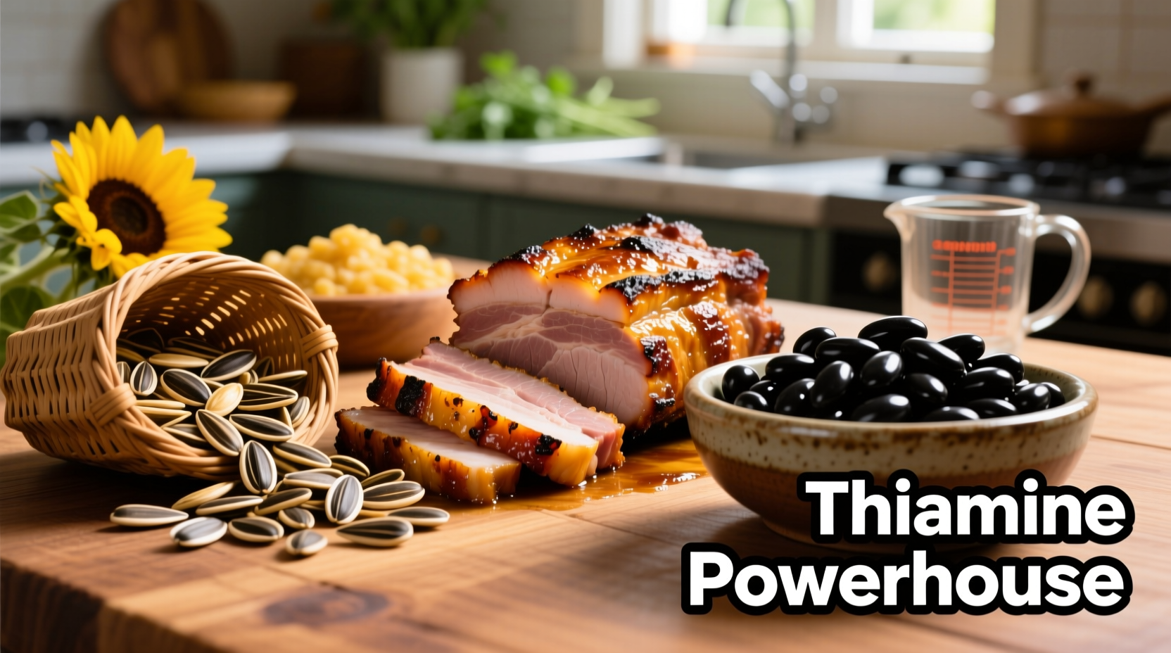 Colorful assortment of thiamine-rich foods including pork, sunflower seeds, and black beans