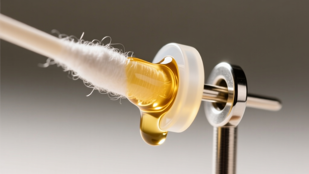 Macro shot of a cotton swab applying jojoba oil to a tight plastic earring back on a steel post under bright, clean studio lighting.