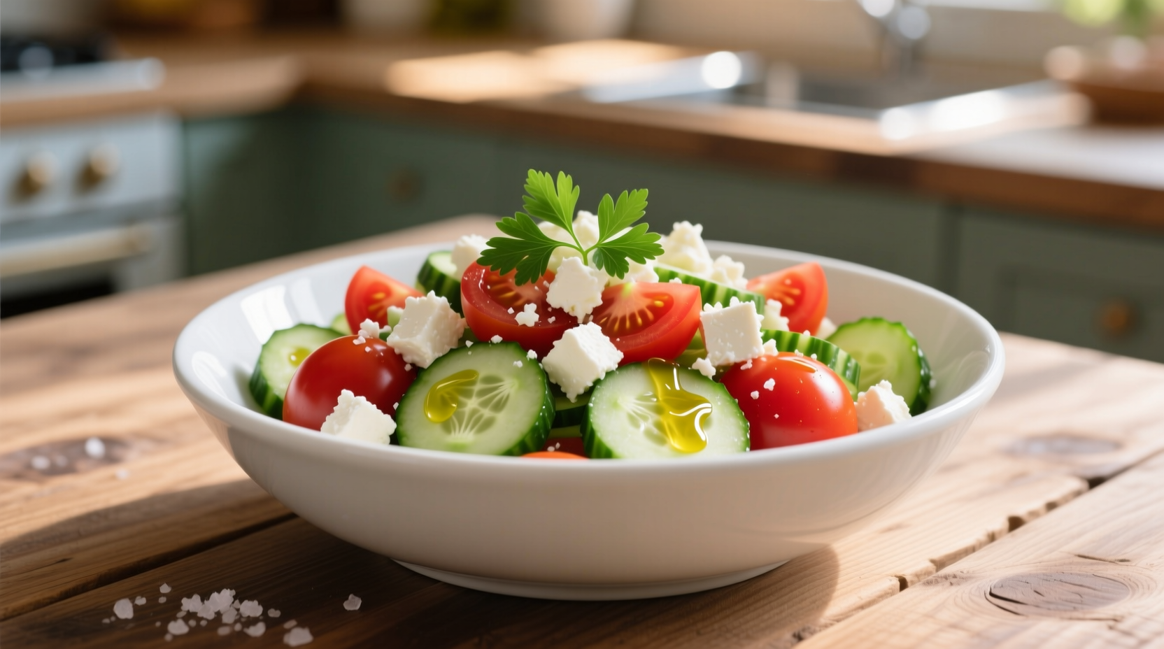 Fresh tomato cucumber salad with feta in white bowl