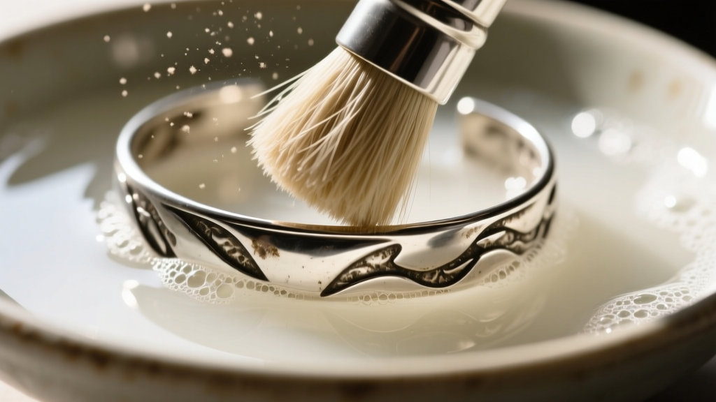 Soft horsehair brush scrubbing textured crevices of an oxidized sterling silver cuff necklace next to a bowl of mild soapy water.