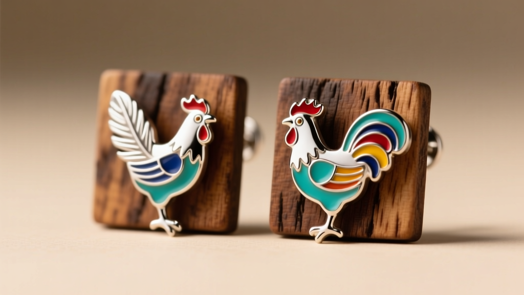 Sterling silver chicken stud earrings with bright enamel on rustic wood, illuminated by soft, warm studio lighting.