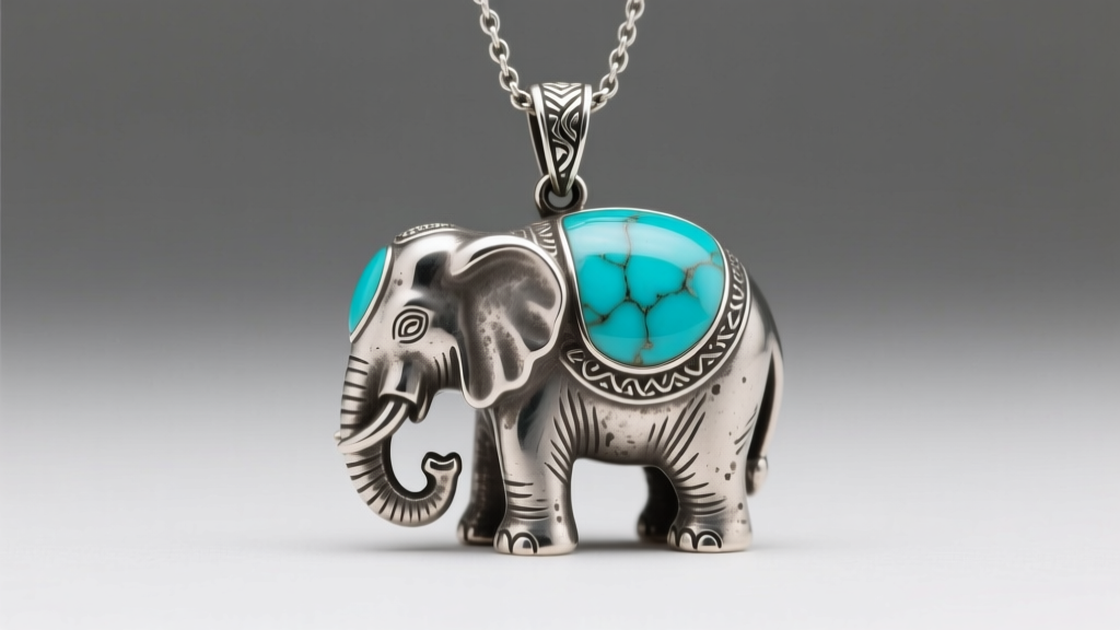 Oxidized sterling silver elephant pendant with turquoise enamel inlay, highlighting textured metal and vibrant blue stone
