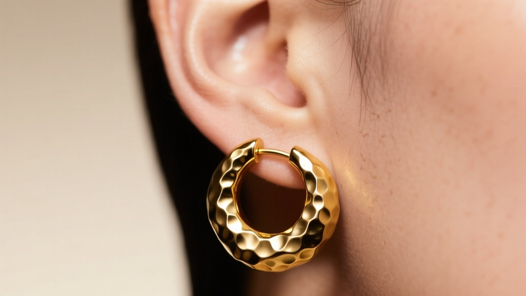 Close-up of an ear wearing a chunky textured 14k gold circle nugget earring, studio lighting on the molten surface.