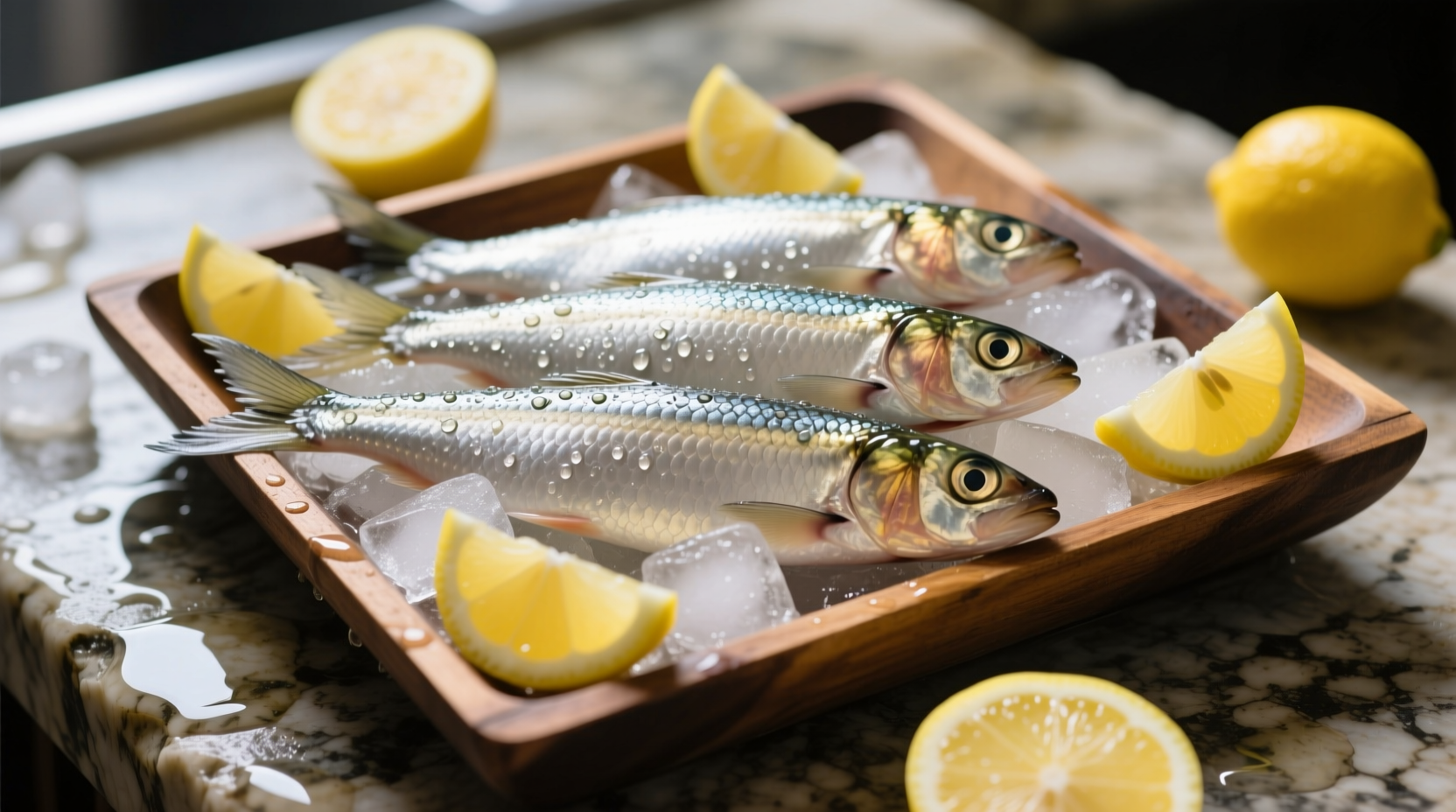 Fresh sardines on ice with lemon wedges