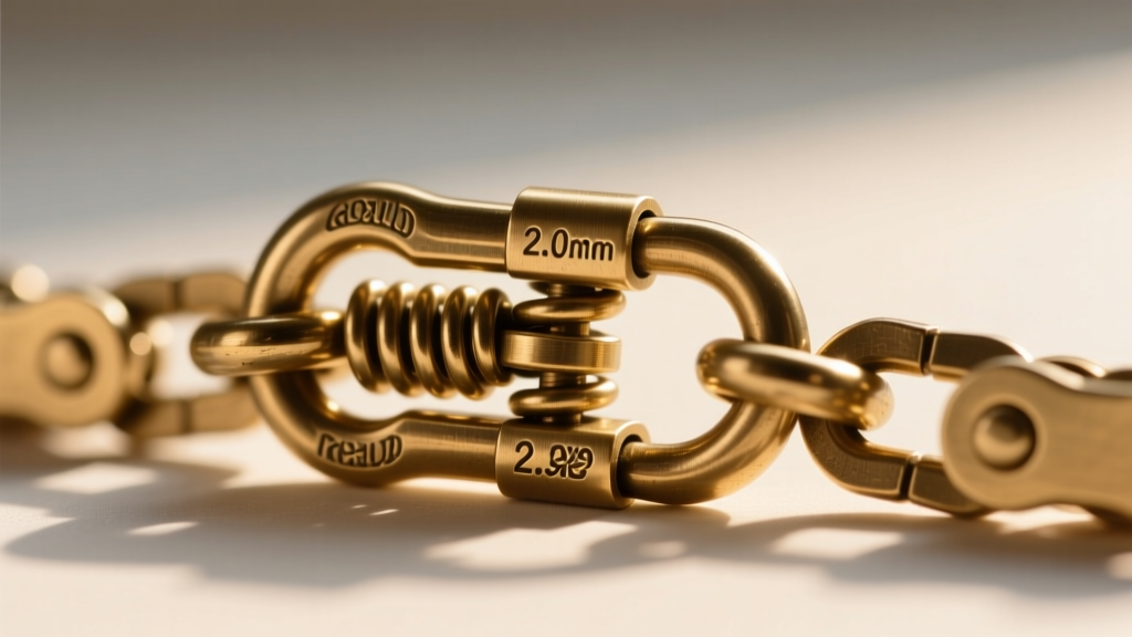 Macro shot of a heavy-duty 2.0mm brass lobster clasp attached to a rolo chain extender, highlighting the spring mechanism.