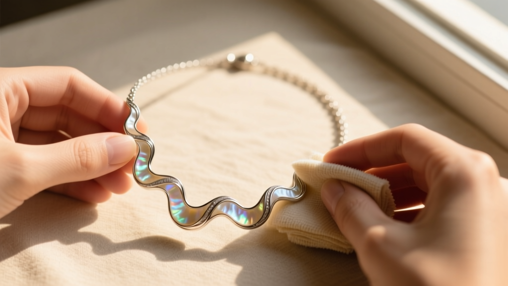 Hands cleaning a mother of pearl wave necklace with a microfiber cloth, warm sunlight hitting the delicate sterling silver jewelry