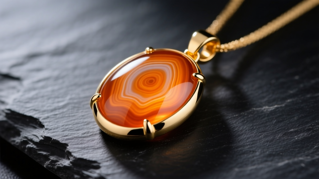 Close-up of a polished orange agate cabochon pendant in a 14k yellow gold bezel, resting on dark slate under soft studio lighting.