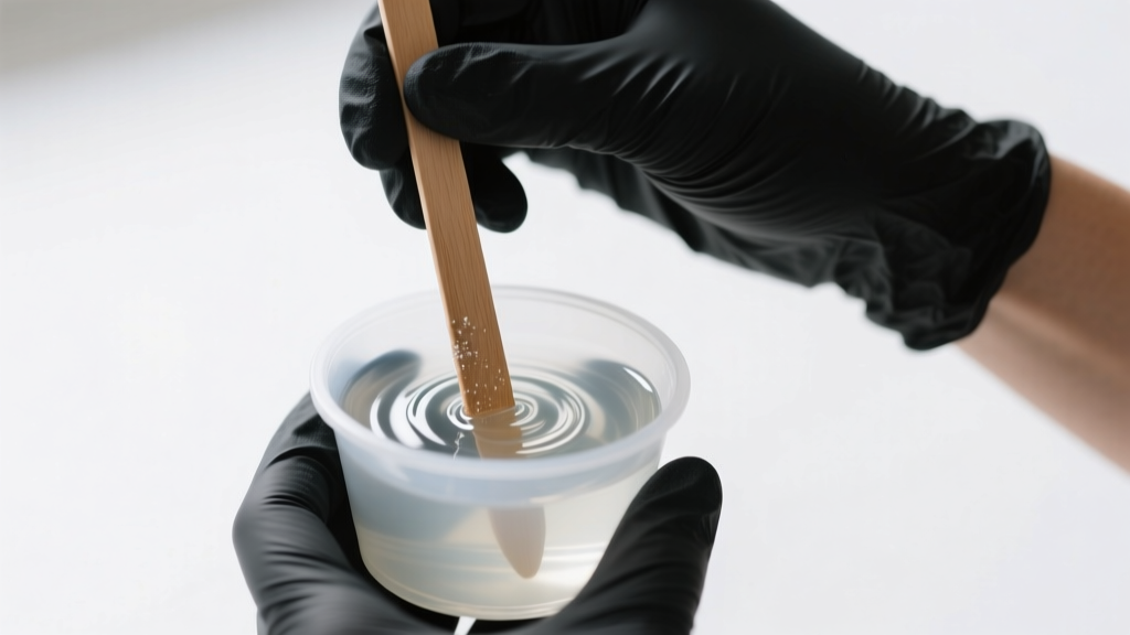 Close-up of hands wearing black nitrile gloves slowly stirring clear epoxy resin in a silicone cup with a wooden craft stick.