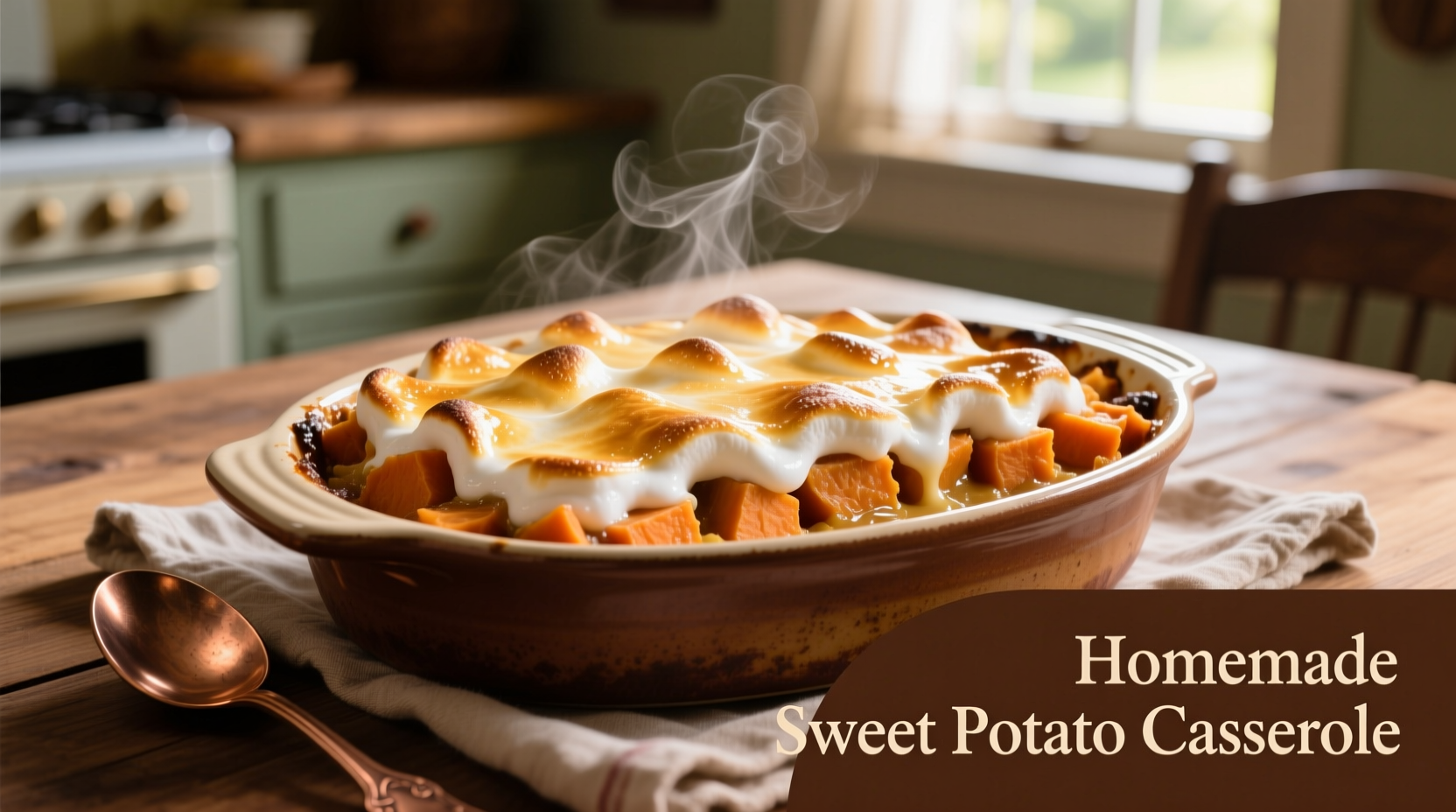 Golden-brown sweet potato casserole with melted marshmallows