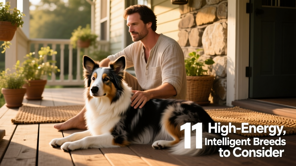 English Shepherd calmly resting beside its owner on a porch, demonstrating its relaxed yet attentive demeanor