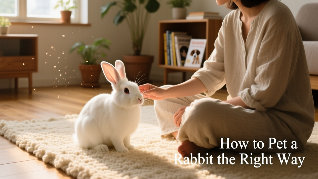 A calm rabbit sitting peacefully on a soft rug near a person seated on the floor