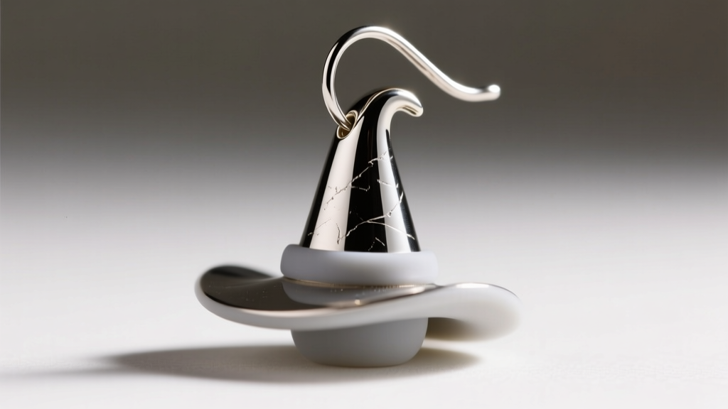 Close-up of a cast witch hat dangle earring showing a 16-gauge stainless steel fishhook wire and a secure silicone ear back