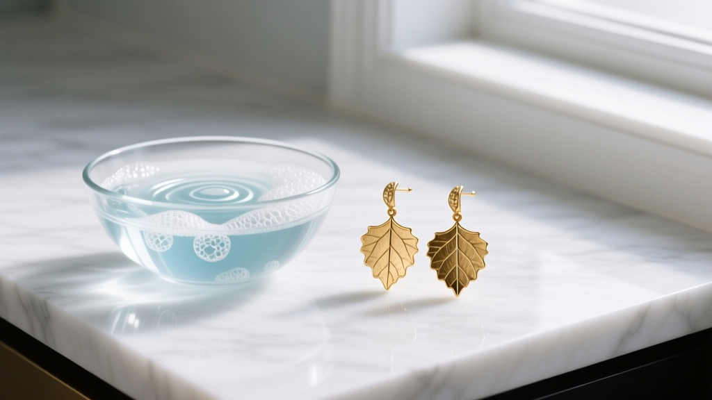 Glass bowl of soapy water and soft brush beside gold vermeil aspen leaf earrings on a bright white marble countertop surface.